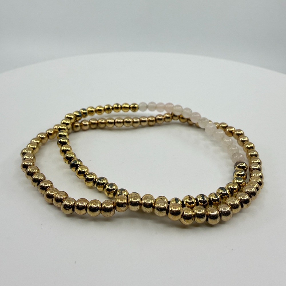 Gold Tone & Rose Quartz Stretch Bracelet Stack - Minimalist Jewelry Set 2